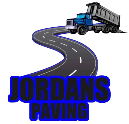 A dump truck on a winding road above the bold text "JORDANS PAVING" in blue and black.